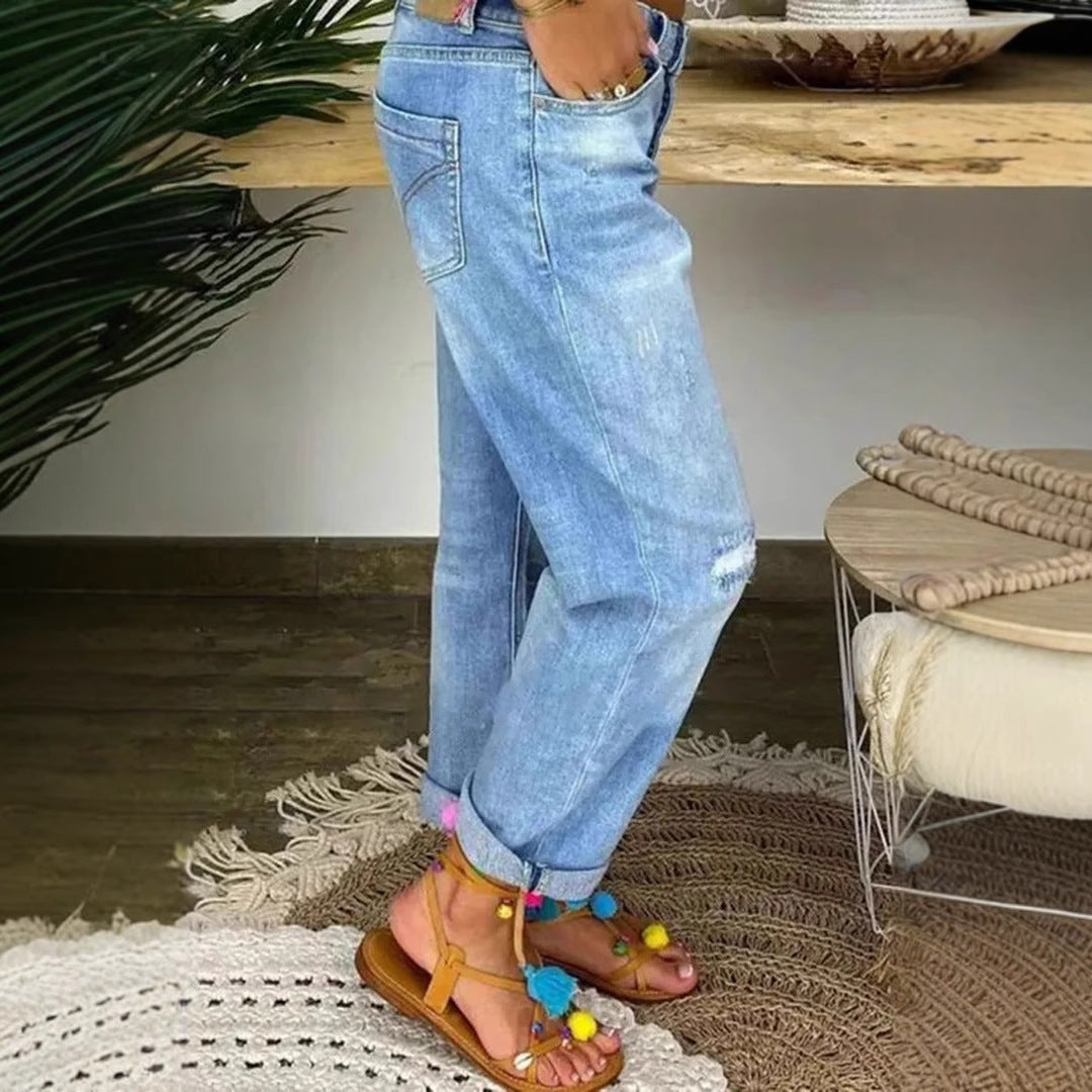 Damen Denim-Bundfaltenhose mit Knopfleiste und modischem Destroyed-Effekt EB