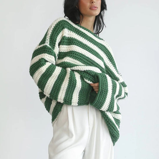 Damen gestreifter Grobstrickpullover mit lässigem Schnitt und weitem Arm EB