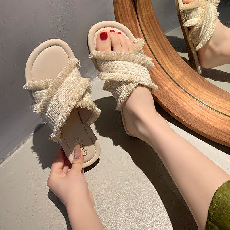 Damen Pantolette mit fransigem Design und softer Innensohle EB