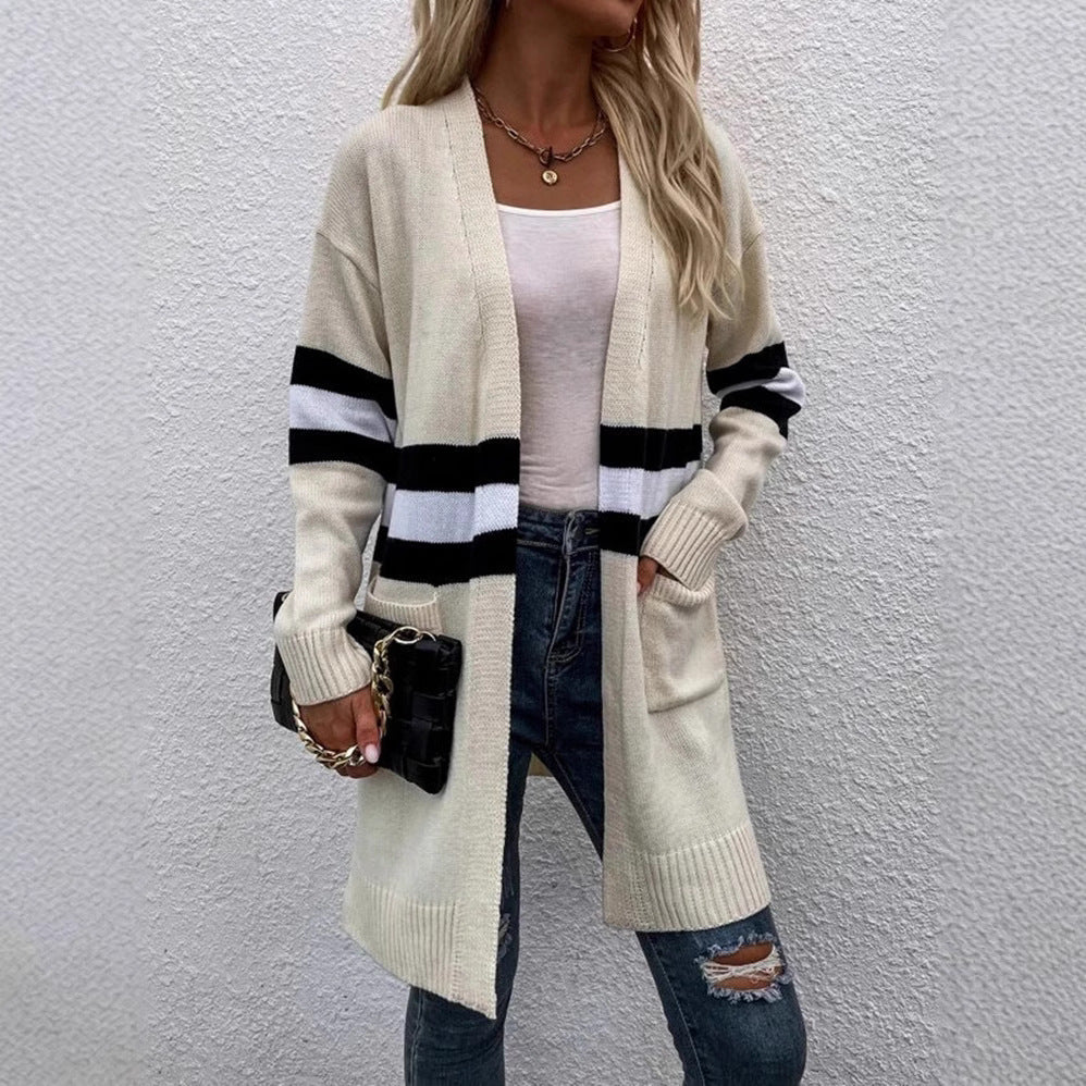 Damen Offene Strickjacke mit modernem Streifenmuster und praktischen Taschen EB