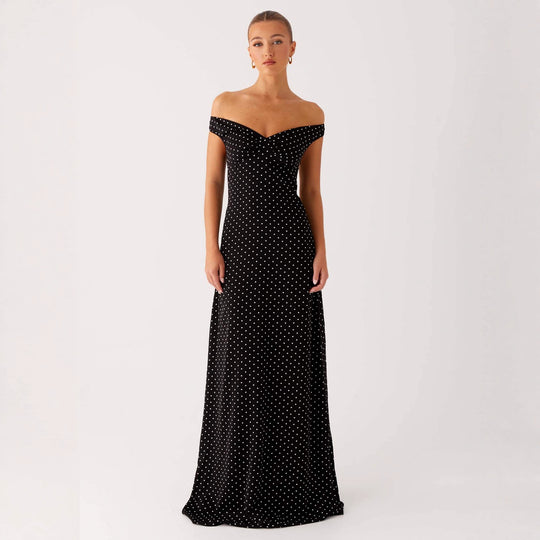 Damen Abendkleid mit Off-Shoulder-Design und elegantem Punktmuster EB