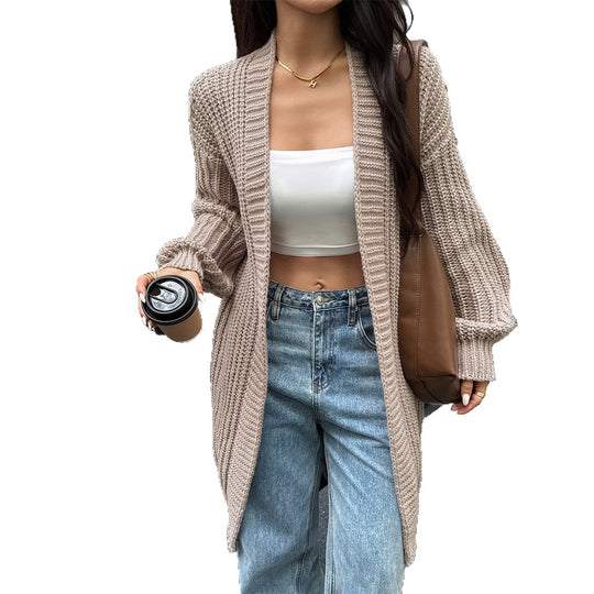 Damen nan lange Grobstrick-Cardigan mit offener Front und Ballonärmeln EB