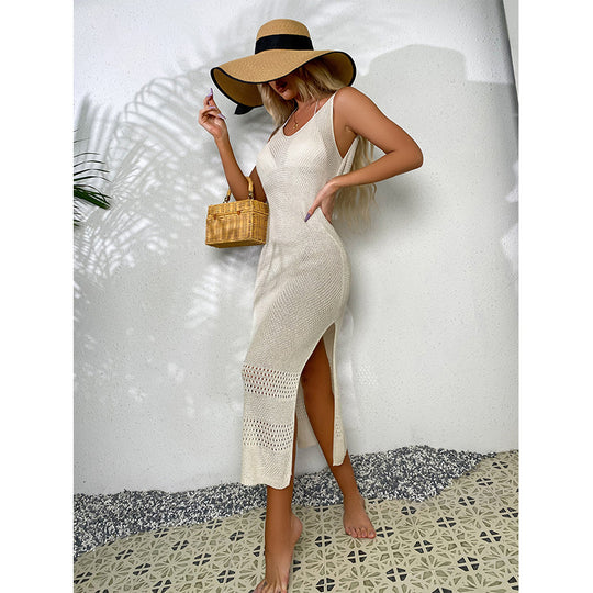 Damen Häkel-Midi-Kleid mit sexy seitlichen Schlitzen und raffiniertem Netzdesign EB