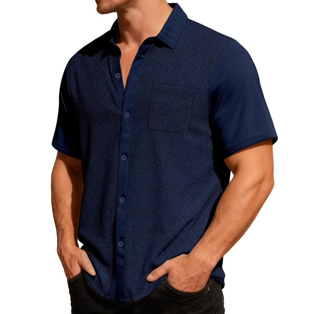 Herren nan legeres Kurzarmhemd mit Jacquardstruktur, kontrastierter Knopfleiste und Brusttasche EB