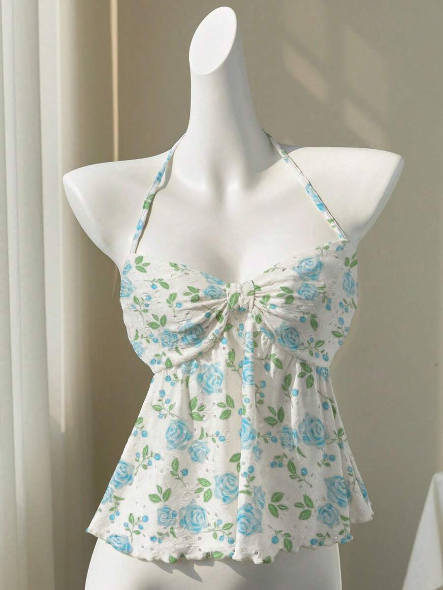 Damen romantisches Strandtop mit floralem Design und verspieltem Knoten EB
