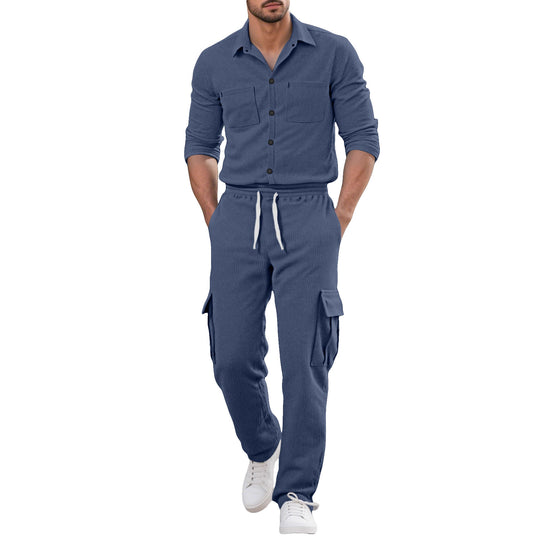 Herren nan geripptes Worker-Hemd mit Brusttaschen und entspannter Cargohose EB