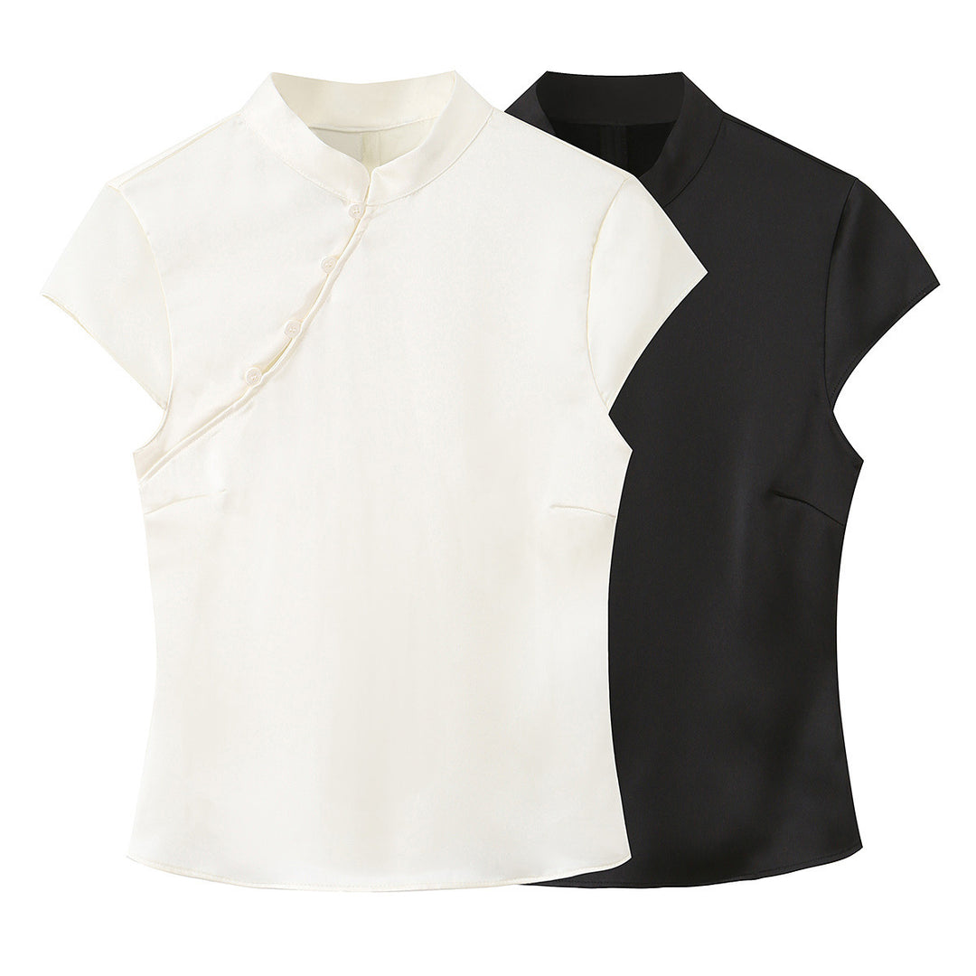 Damen elegantes Oberteil mit asymmetrischem Kragen und Knopfdetails EB