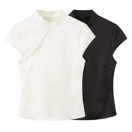 Damen elegantes Oberteil mit asymmetrischem Kragen und Knopfdetails EB