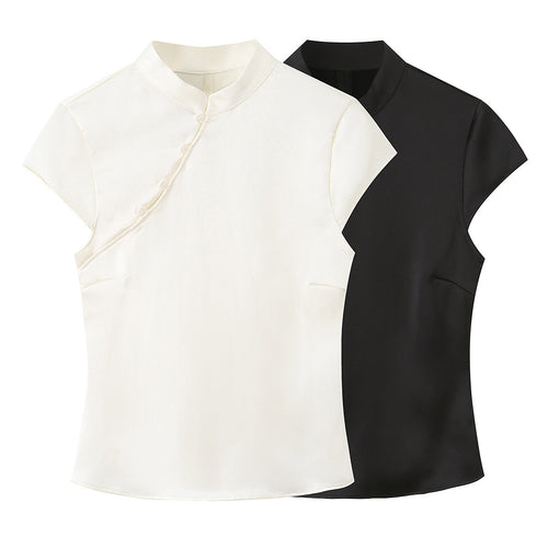 Damen elegantes Oberteil mit asymmetrischem Kragen und Knopfdetails EB
