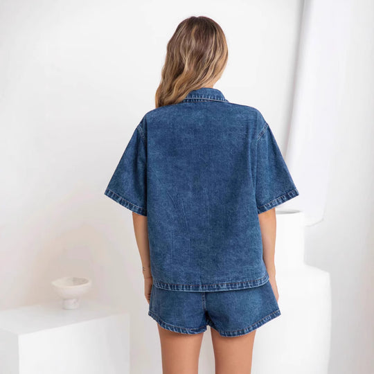 Damen Denim-Hemd und Shorts-Set im modischen Stil EB