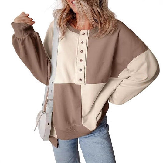 Damen lässiger Kapuzenpullover mit Knopfdetails und Farbblockdesign EB