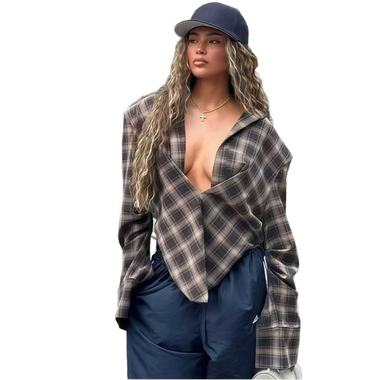 Damen Oversized Karo-Hemdbluse mit tiefem V-Ausschnitt und lässigem Schnitt EB
