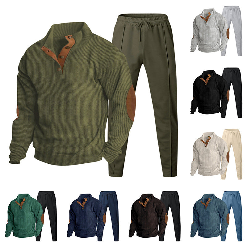 Herren Strukturiertes Henley-Loungewear-Set mit Ellenbogen-Patches & tapered Jogginghose EB