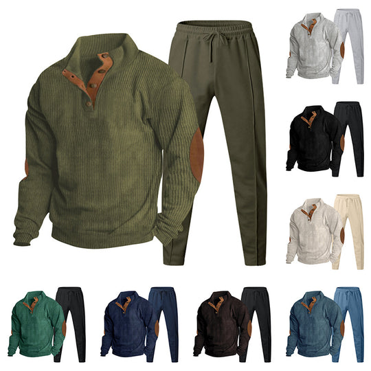 Herren Strukturiertes Henley-Loungewear-Set mit Ellenbogen-Patches & tapered Jogginghose EB