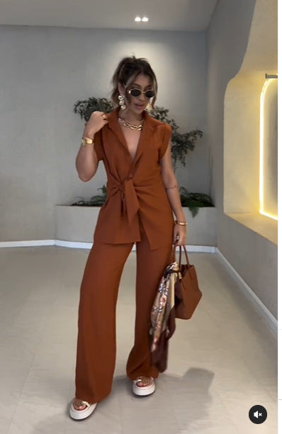Damen lässiges Oversized-Hemd mit Bindegürtel und weiten Hosen EB