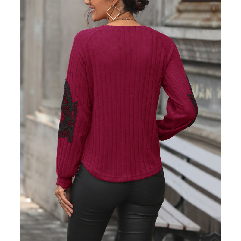 Damen V-Ausschnitt Pullover mit eleganten Spitzenärmeln und Rippstruktur EB
