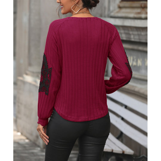 Damen V-Ausschnitt Pullover mit eleganten Spitzenärmeln und Rippstruktur EB