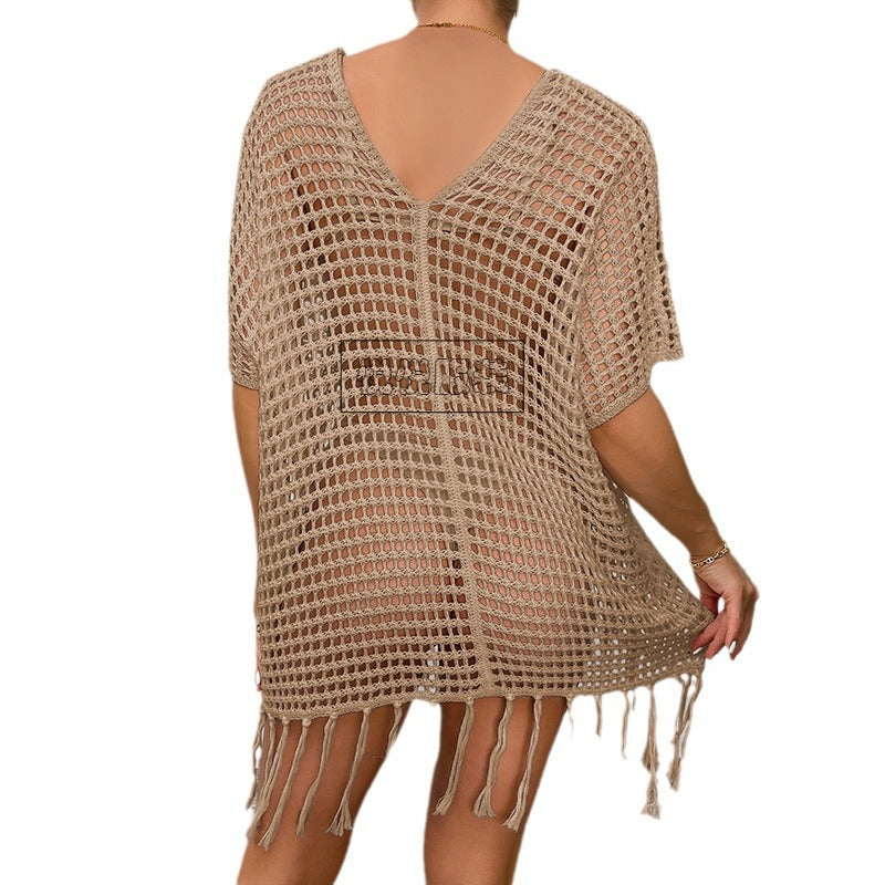 Damen Häkel-Strandtunika mit Fransen und transparentem Design EB