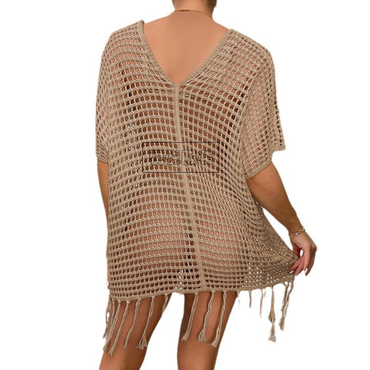 Damen Häkel-Strandtunika mit Fransen und transparentem Design EB