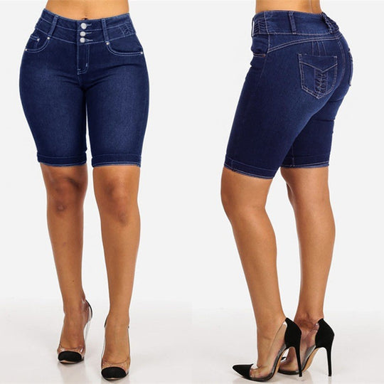 Damen Jeans-Shorts mit hohem Taillenbund und modischen Knopfdetails EB