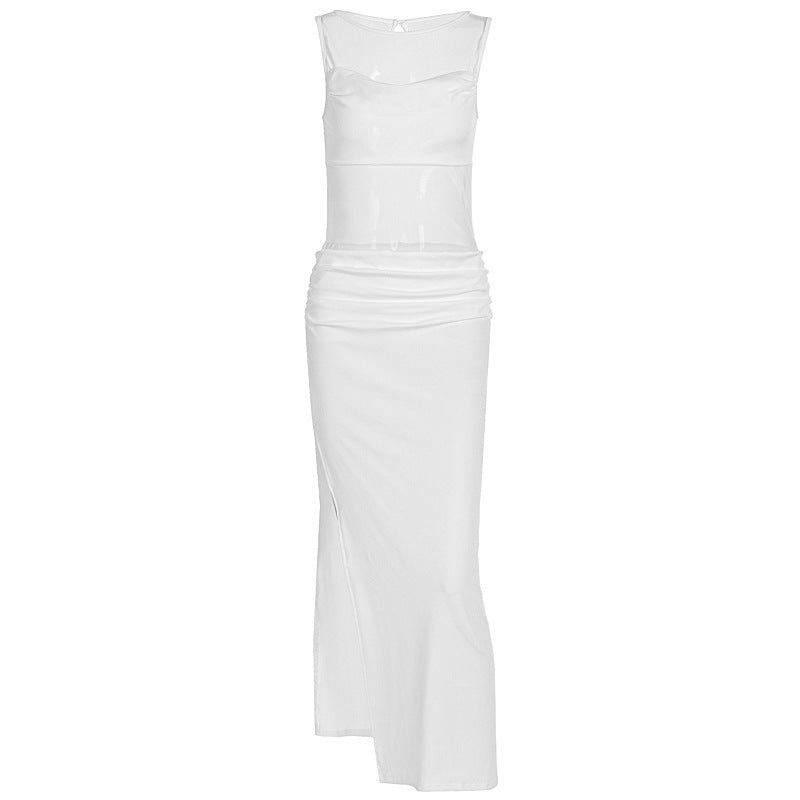 Damen Elegantes Wickelkleid mit transparenten Einsätzen und seitlichem Schlitz EB