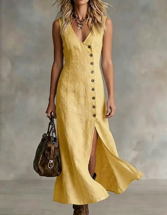 Damen Maxikleid mit elegantem V-Ausschnitt und seitlichem Schlitz EB