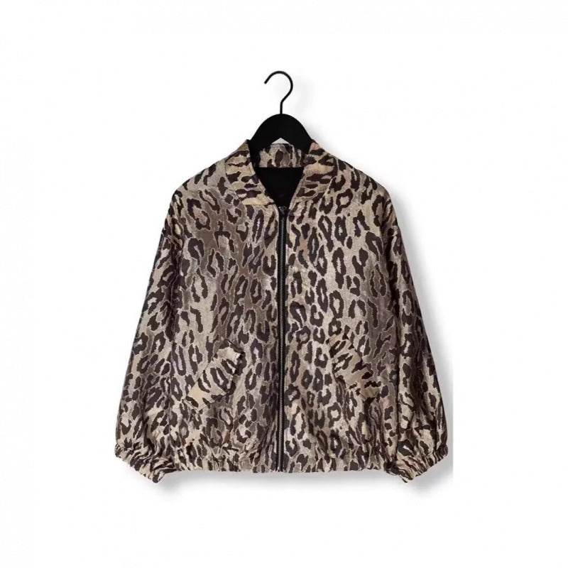 Damen modische Bomberjacke mit Leopardenmuster und elastischen Bündchen EB