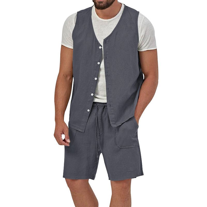 Herren nan zweiteiliges Freizeit-Set mit ärmelloser Knopfweste und weiten Kordelzug-Shorts mit aufgesetzten Taschen EB
