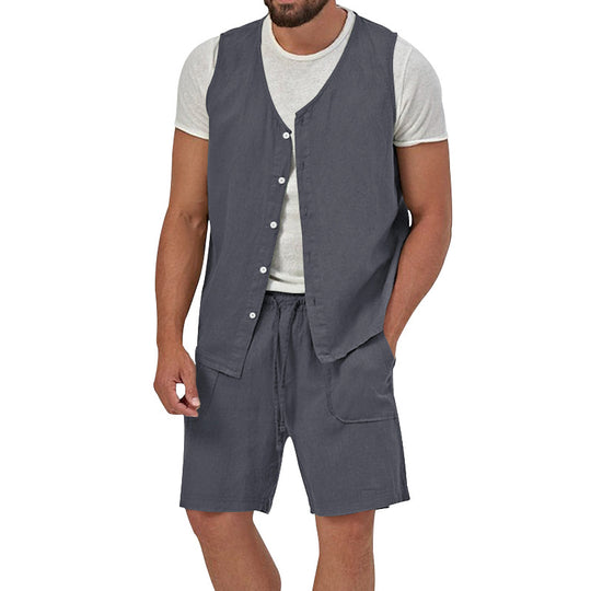 Herren nan zweiteiliges Freizeit-Set mit ärmelloser Knopfweste und weiten Kordelzug-Shorts mit aufgesetzten Taschen EB