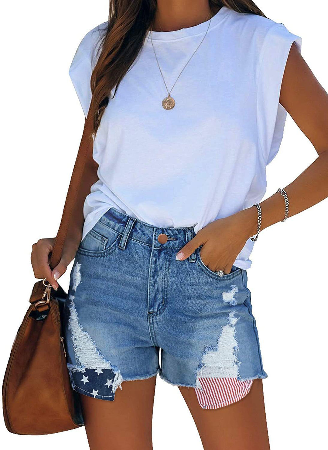 Damen Destroyed Denim-Shorts mit kreativen Patch-Details EB