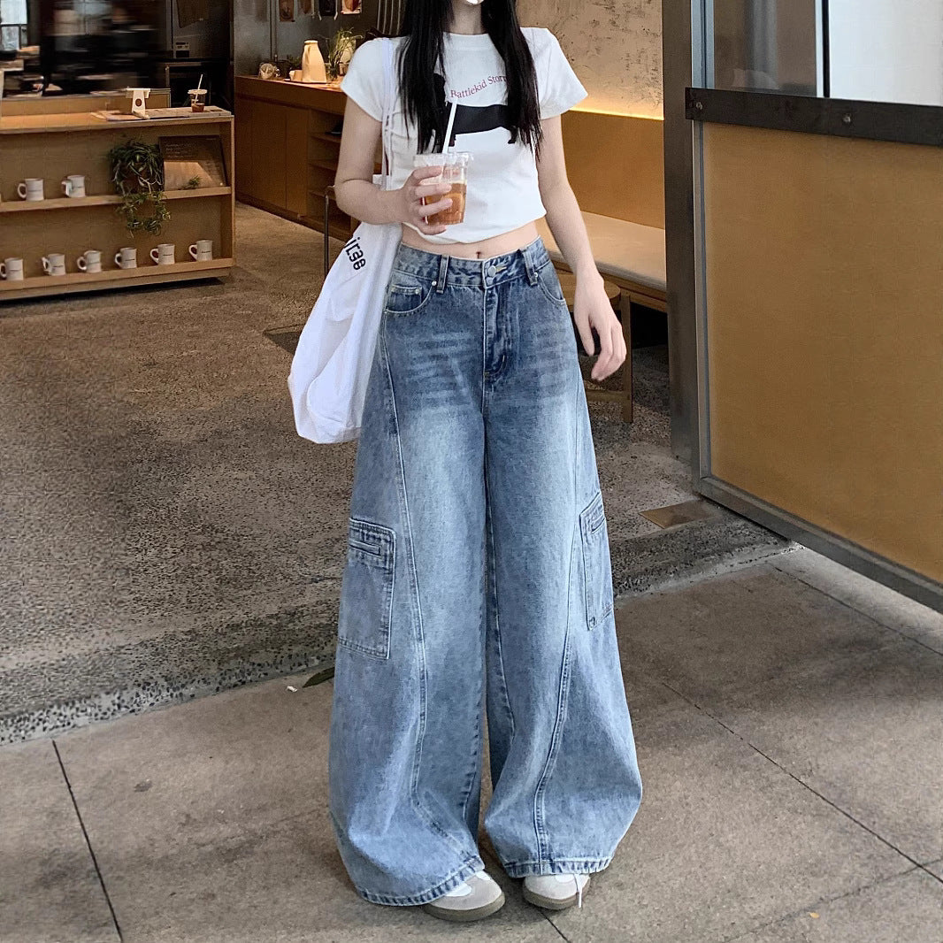 Damen Weite Jeanshose mit tiefem Schritt und praktischen Cargotaschen EB
