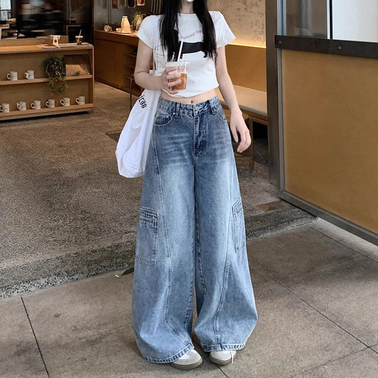 Damen Weite Jeanshose mit tiefem Schritt und praktischen Cargotaschen EB