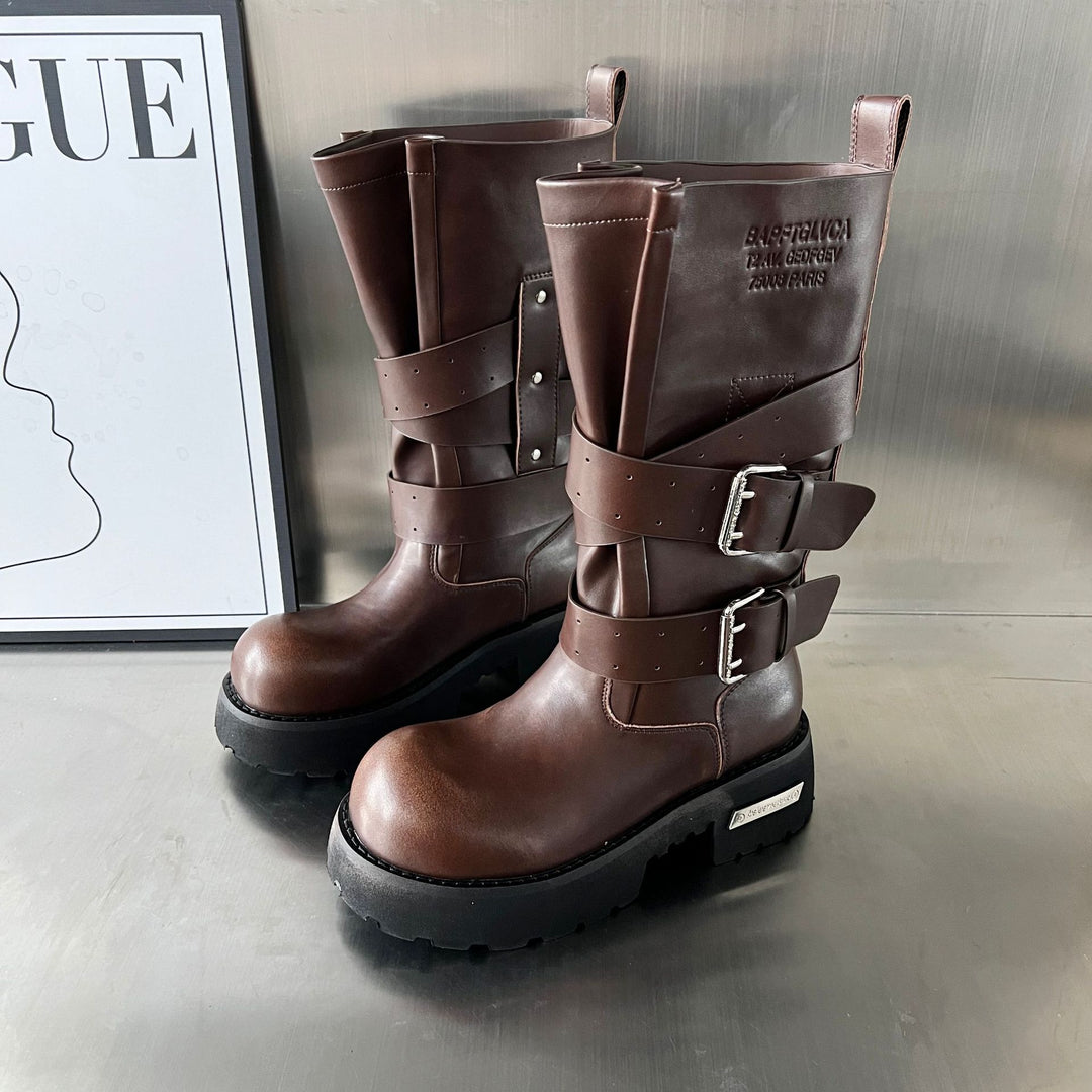 Damen Modische Biker-Stiefel mit robustem Profil und verstellbaren Schnallen EB