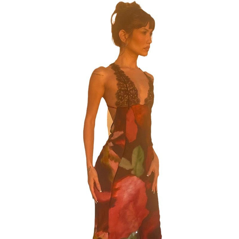 Damen Maxikleid mit raffiniertem Spitzenbesatz und floralen Mustern EB