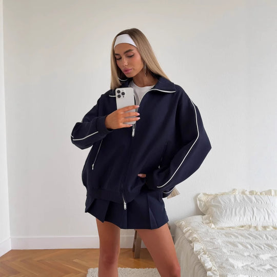 Damen sportliches Oversized Jacken- und Rock-Set mit Reißverschluss und elastischem Bund EB