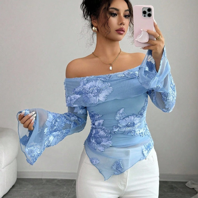 Damen Elegantem Oberteil mit Schulterfreiem Design und Blumenmuster EB