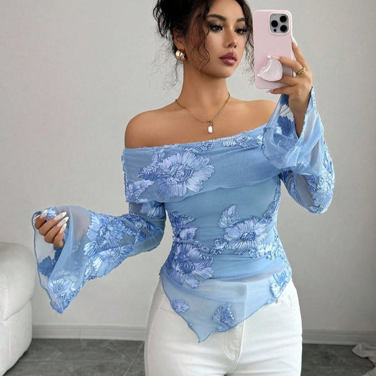 Damen Elegantem Oberteil mit Schulterfreiem Design und Blumenmuster EB