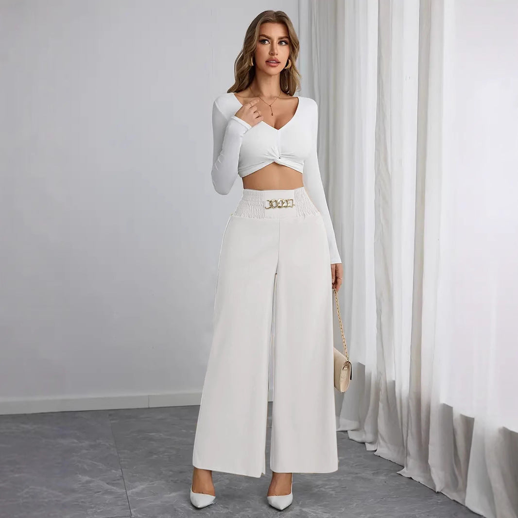 Damen Weite High-Waist Hose mit dekorativem Gummizug und modischem Gürtel EB