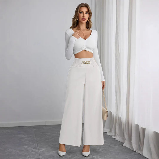 Damen Weite High-Waist Hose mit dekorativem Gummizug und modischem Gürtel EB