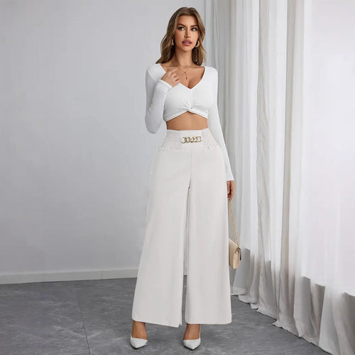 Damen Weite High-Waist Hose mit dekorativem Gummizug und modischem Gürtel EB