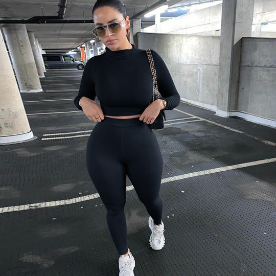 Damen Sportliches Crop-Top und Leggings-Set aus elastischem Material EB