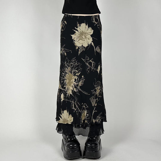 Damen Eleganter Maxirock mit floralem Muster und transparentem Untergrund EB