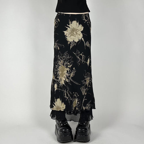 Damen Eleganter Maxirock mit floralem Muster und transparentem Untergrund EB