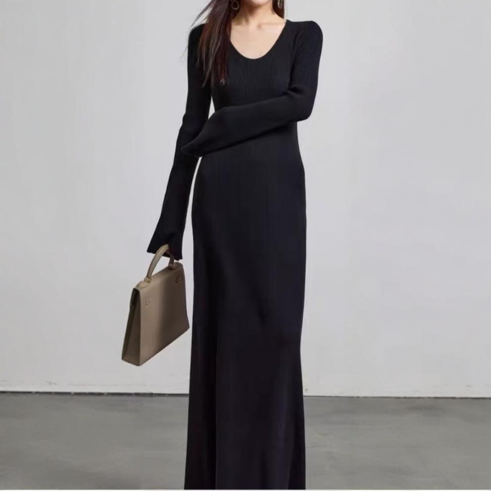 Damen elegantes Maxikleid mit feiner Rippstruktur und V-Ausschnitt EB