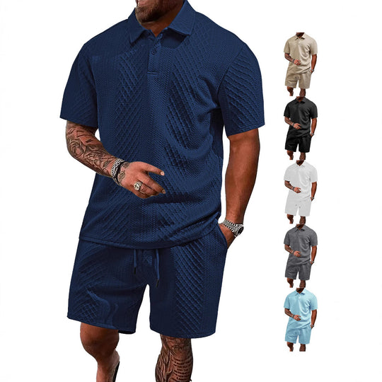 Herren nan geprägtes Waffel-Polo mit Kentkragen und elastischer Tunnelzugshorts im Set EB