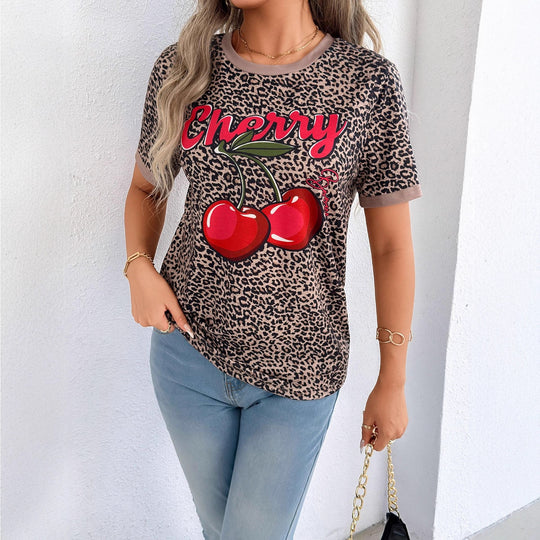 Damen lässiges T-Shirt mit Leopardenmuster und frischem Kirschen-Print EB