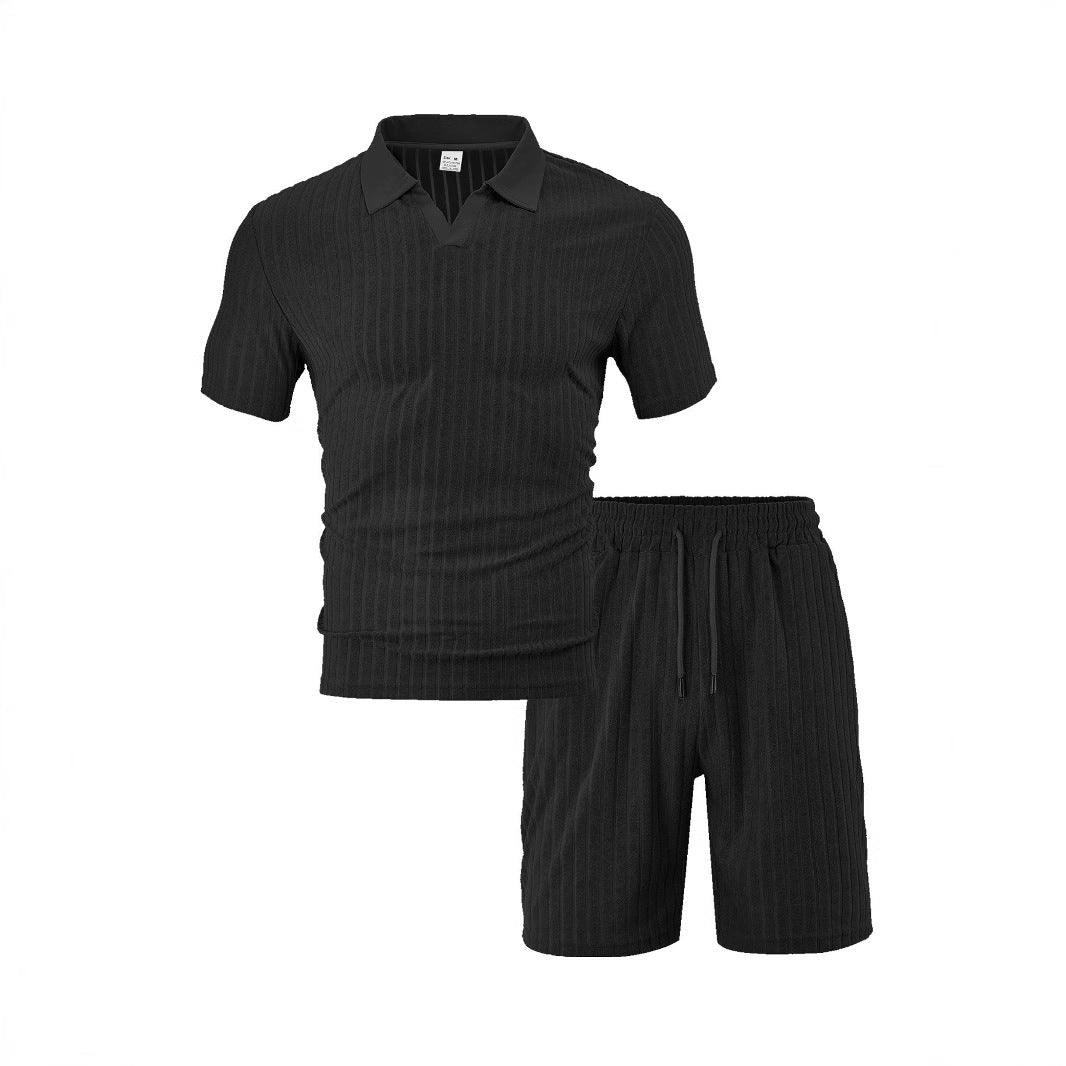 Herren Freizeit-Set aus strukturiertem Baumwollmix mit modischem V-Ausschnitt und elastischem Bund EB