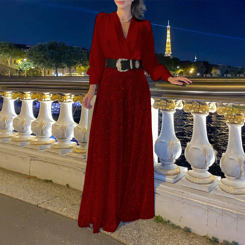 Damen Glamouröses Abendkleid mit schimmerndem Oberteil und weiten Rock EB