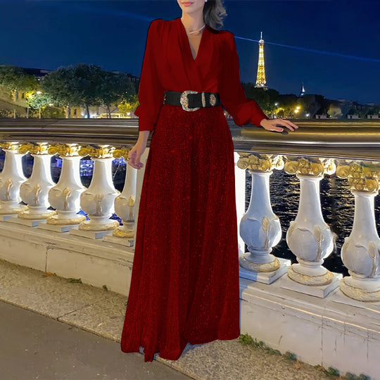 Damen Glamouröses Abendkleid mit schimmerndem Oberteil und weiten Rock EB