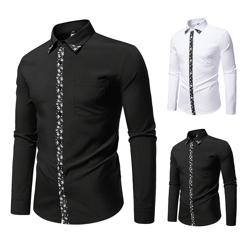 Herren elegantes Langarmhemd mit floralem Kragen und Brusttasche EB